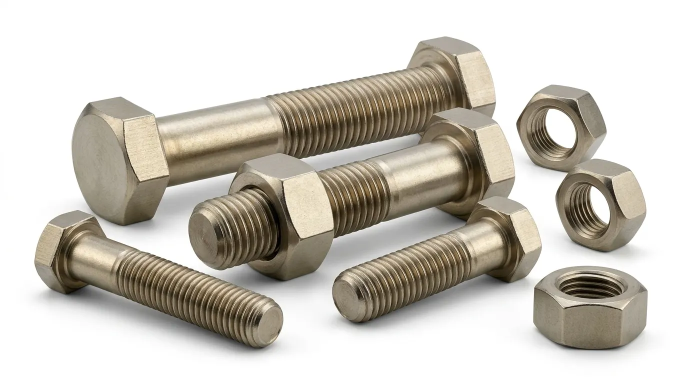 A high-quality image of Inconel 601 nickel alloy hex bolts and hexagonal nuts, including assembled and loose parts, supplied and exported globally by Aurum Overseas on a white background.