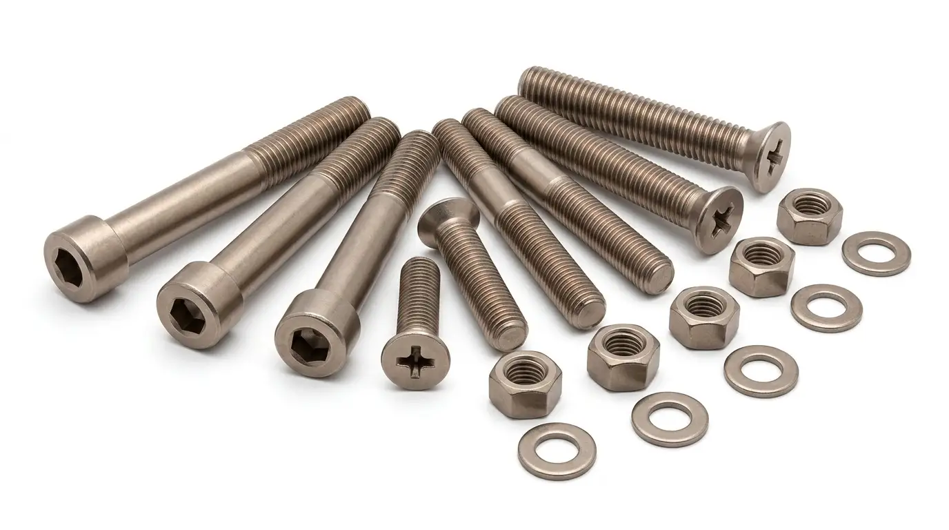 A wide-angle, high-quality landscape photograph showcasing an arranged collection of Monel K500 high-strength fasteners, including socket head bolts, cross head bolts, hexagonal nuts, and flat washers, supplied and exported by Aurum Overseas on a pure white background. All products are fully visible with exquisite detail.