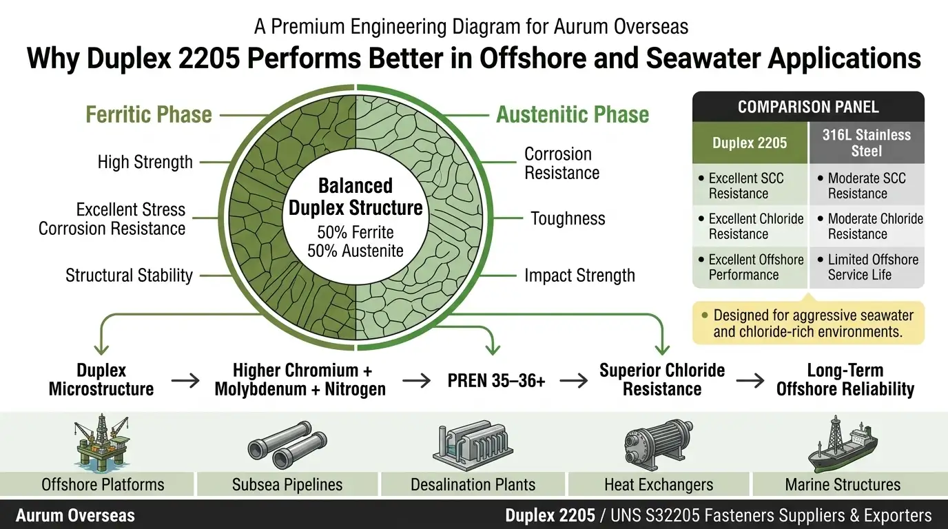 Engineering diagram showing duplex 2205 austenitic ferritic microstructure providing chloride corrosion resistance stress corrosion cracking resistance and offshore performance