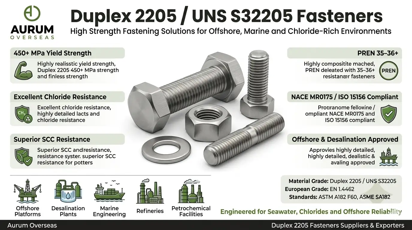 Duplex 2205 UNS S32205 fasteners infographic showing high strength chloride corrosion resistance NACE MR0175 compliance and offshore seawater applications