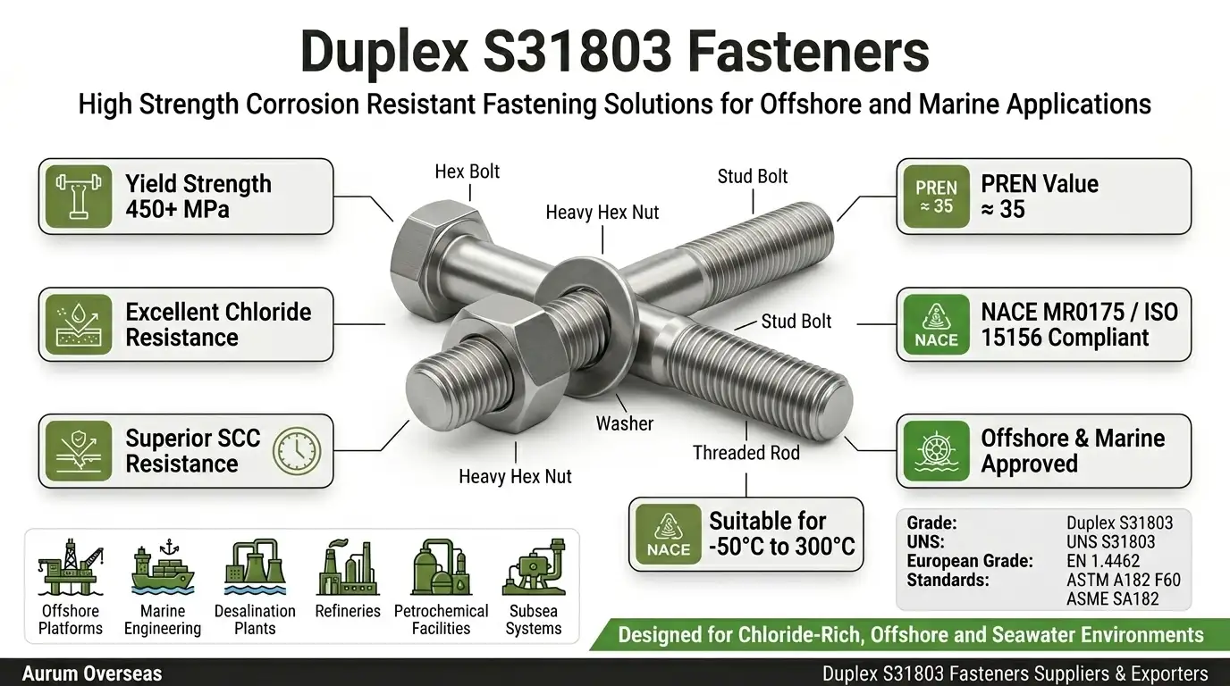 Duplex S31803 fasteners infographic showing high strength chloride corrosion resistance NACE compliance offshore marine and desalination applications