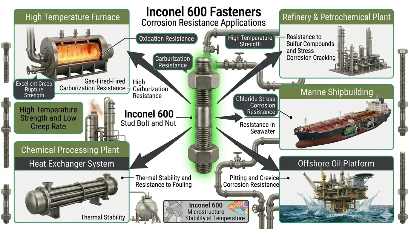 Inconel 600 fasteners corrosion resistance diagram for offshore marine and chemical processing industries