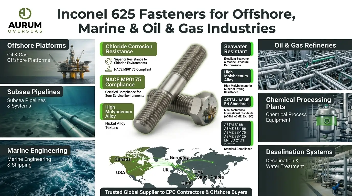 Inconel 625 fasteners suppliers and exporters for offshore marine and oil gas industries by Aurum Overseas