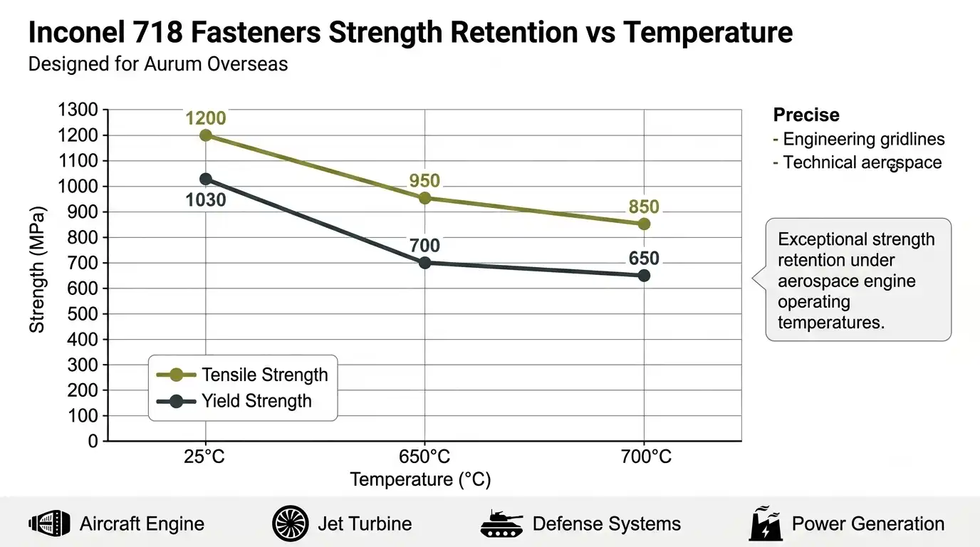 Engineering graph showing tensile strength and yield strength retention of Inconel 718 fasteners at elevated temperatures for aerospace and turbine applications.