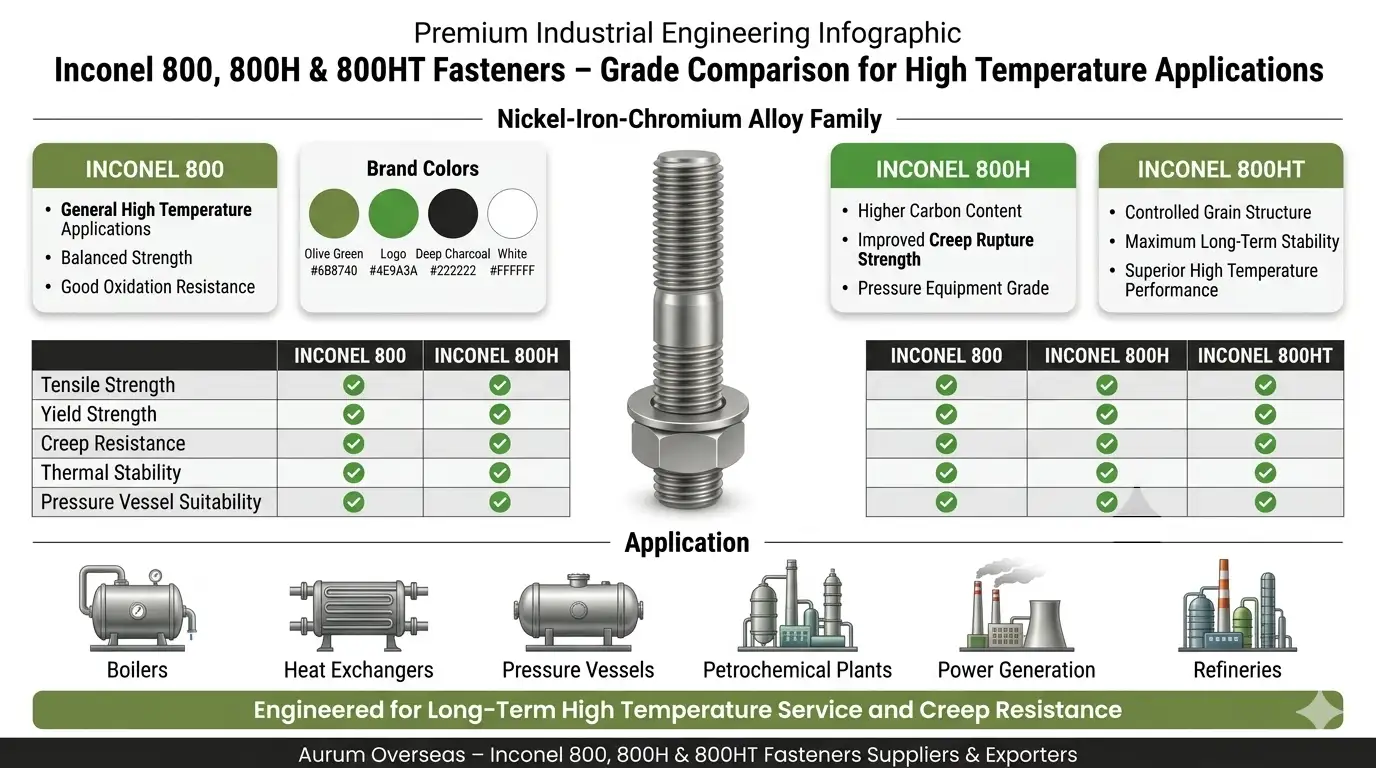 Inconel 800 800H 800HT Fasteners Suppliers and Exporters for Boilers Heat Exchangers and Pressure Vessels by Aurum Overseas