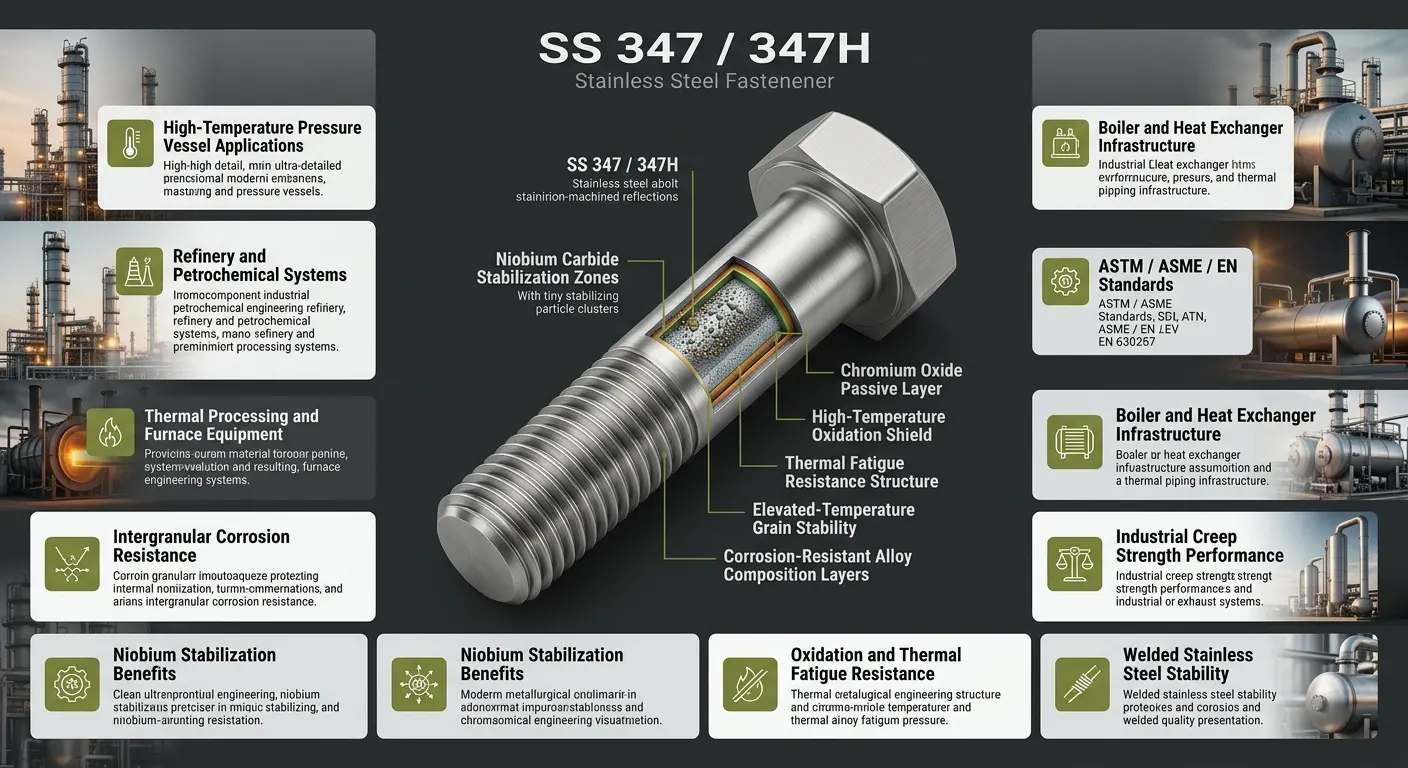 SS 347 and SS 347H stainless steel fasteners infographic for high temperature refinery pressure vessel and thermal processing applications by Aurum Overseas