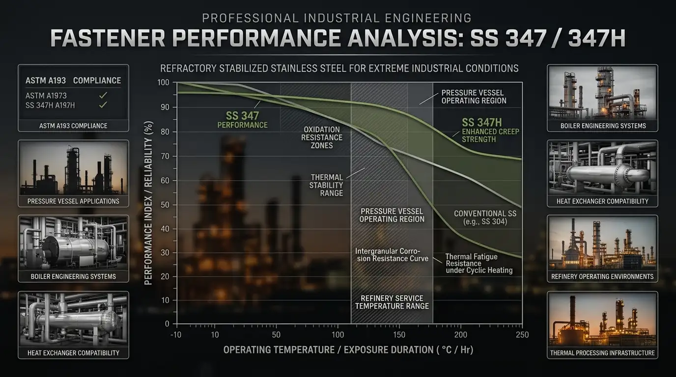 SS 347 and SS 347H fasteners graph showing oxidation resistance creep strength and high temperature industrial performance by Aurum Overseas