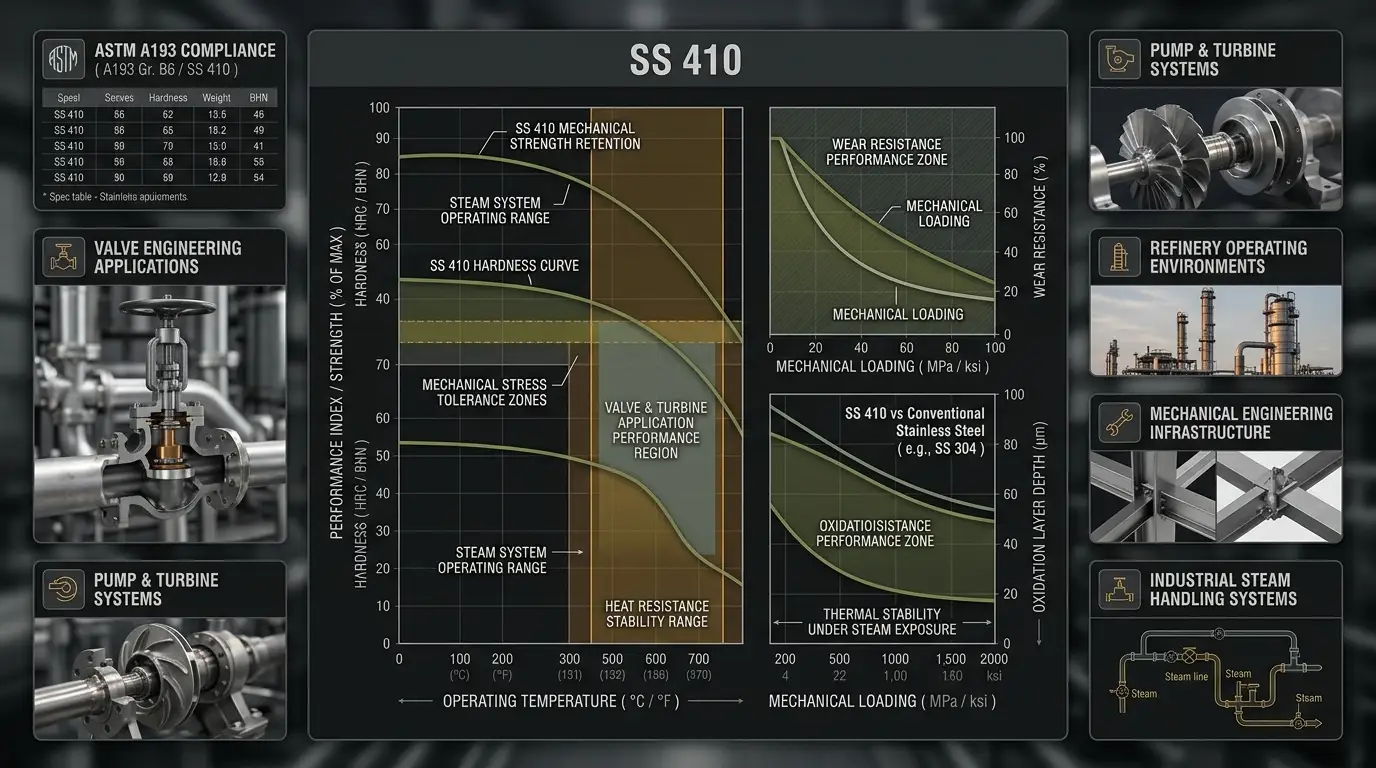 SS 410 fasteners engineering graph showing hardness wear resistance and thermal mechanical performance by Aurum Overseas