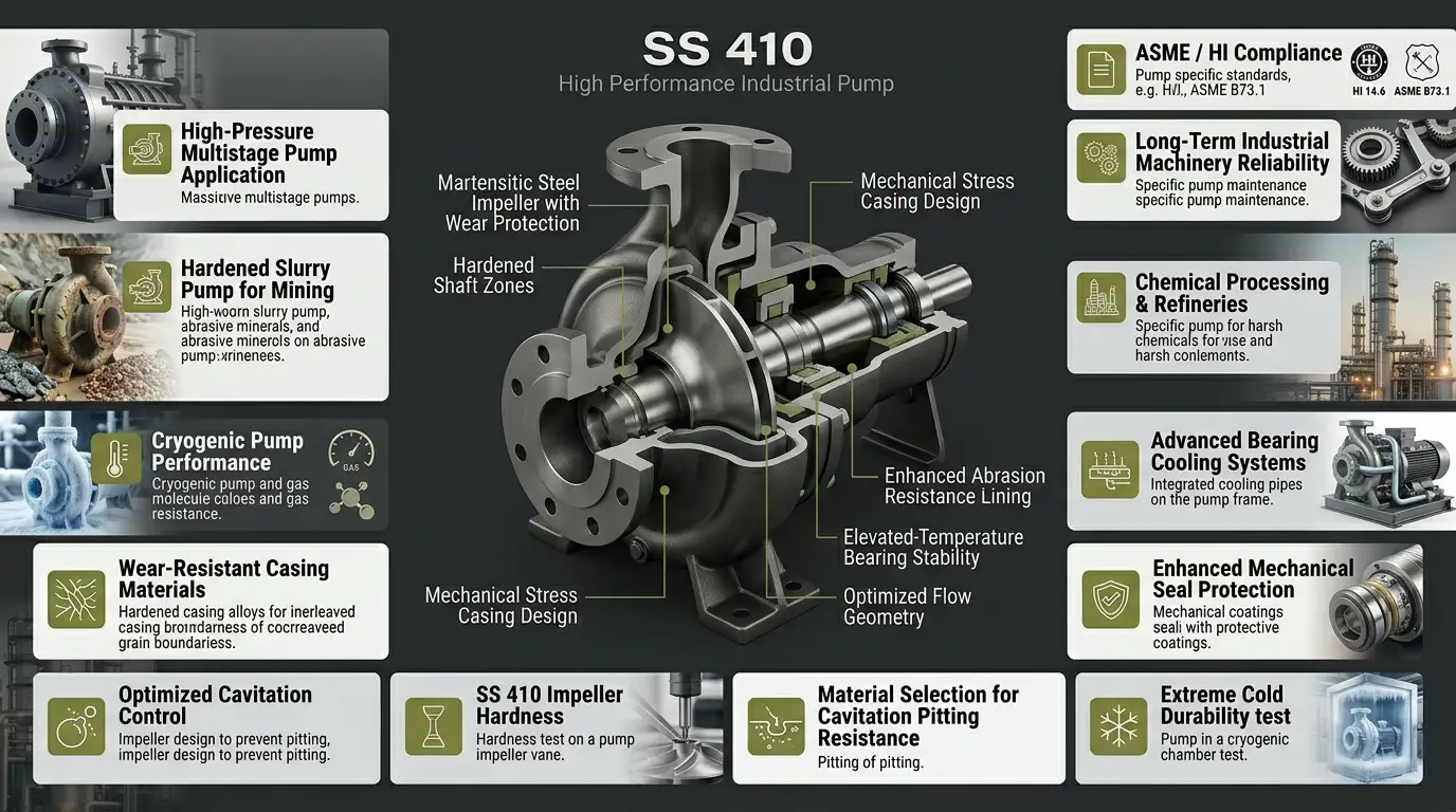 SS 410 stainless steel fasteners industrial infographic for wear resistant heat resistant and mechanical engineering applications by Aurum Overseas