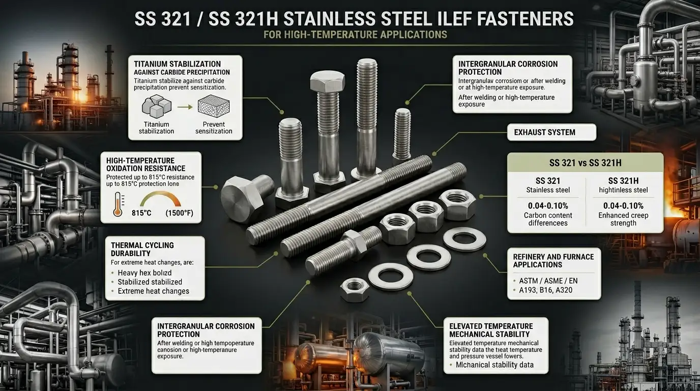 Aurum Overseas SS 321 / 321H stainless steel fasteners infographic for refinery exhaust systems, thermal processing plants and high-temperature industrial applications