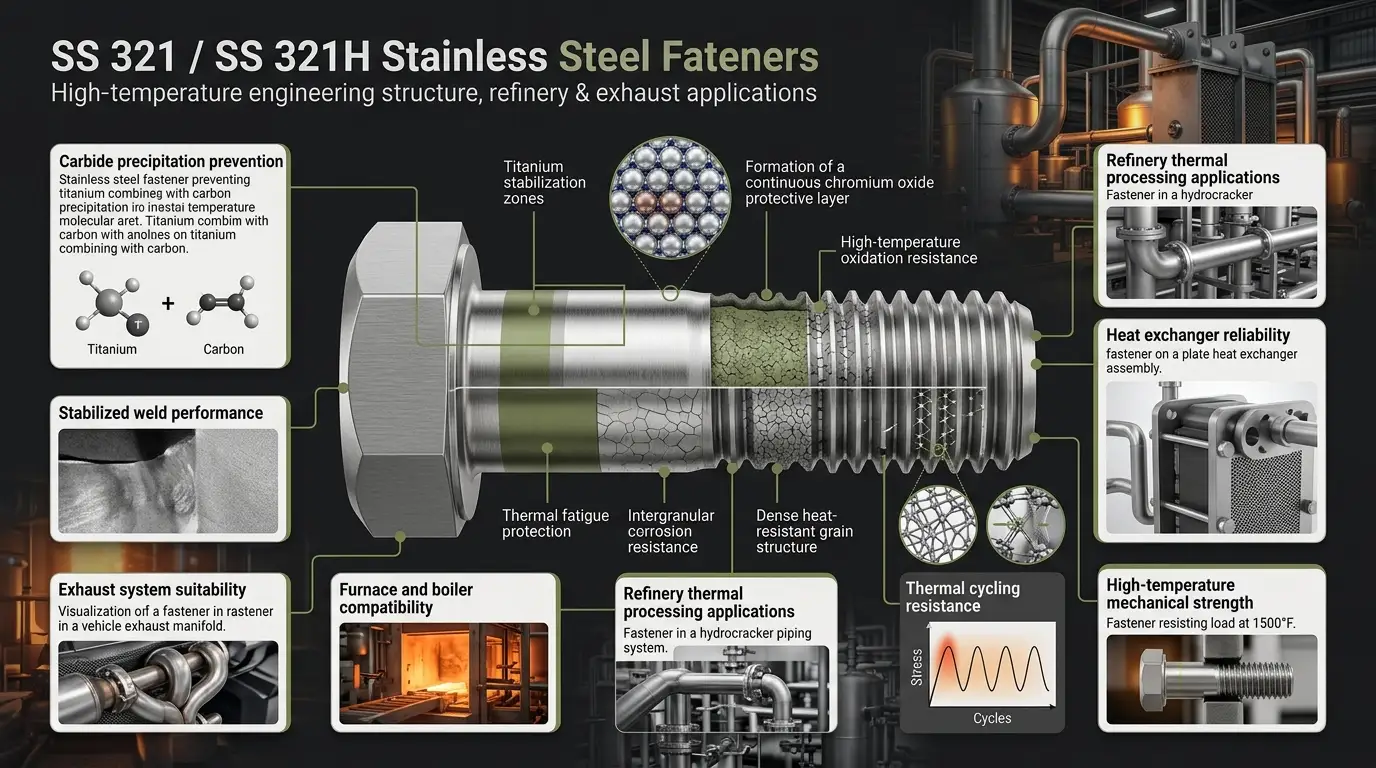  Aurum Overseas SS 321 / 321H stainless steel fasteners metallurgy diagram showing titanium stabilization and high-temperature corrosion resistance