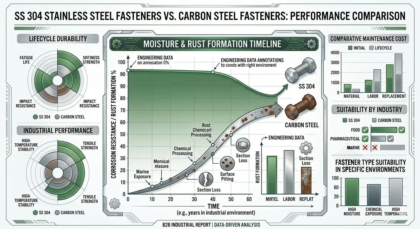 SS 304 Fasteners Suppliers & Exporters graph comparing corrosion resistance, durability and maintenance performance against carbon steel fasteners by Aurum Overseas