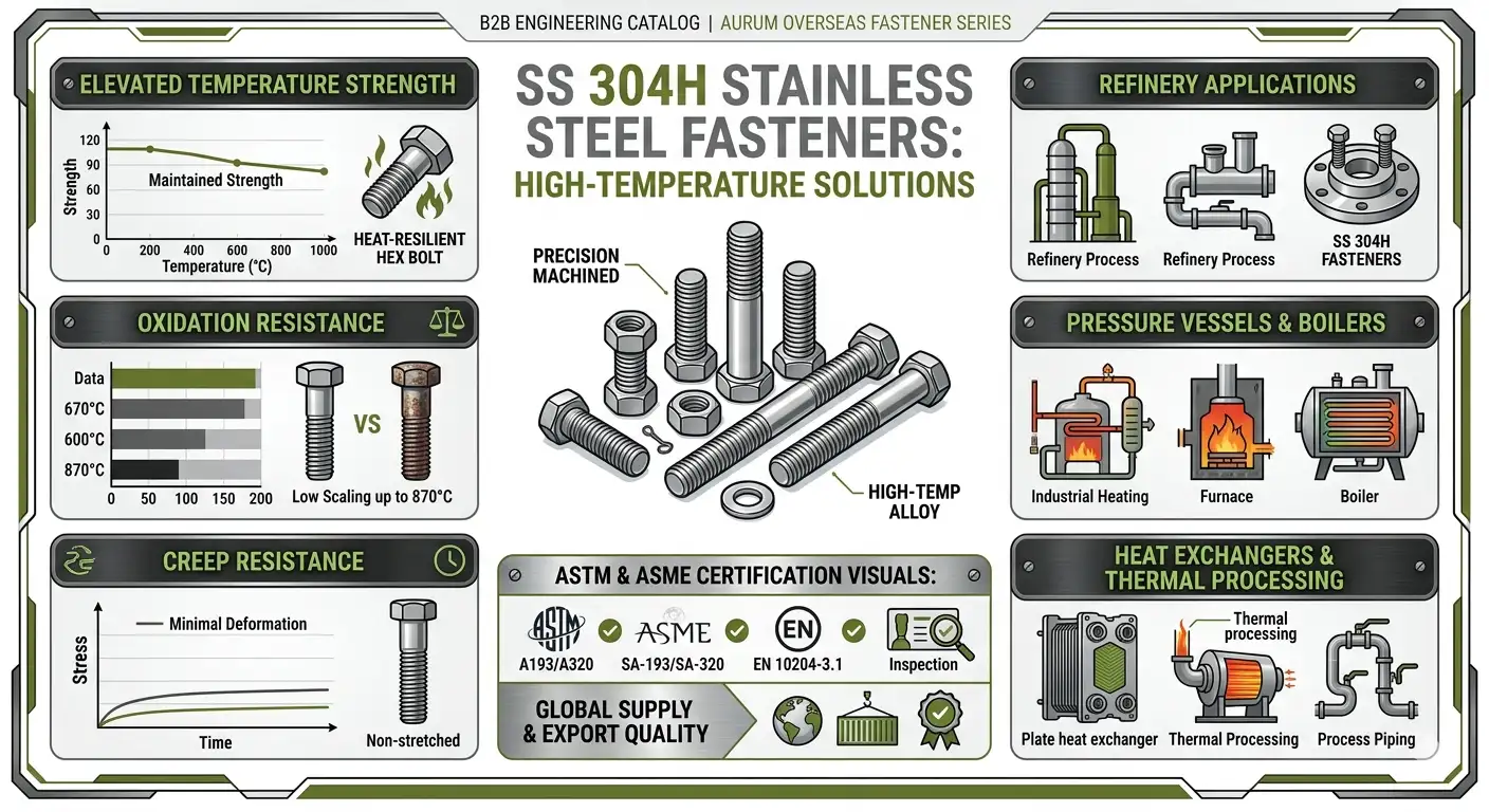 SS 304H Fasteners Suppliers & Exporters infographic showing elevated temperature strength, oxidation resistance, creep resistance and refinery thermal processing applications by Aurum Overseas