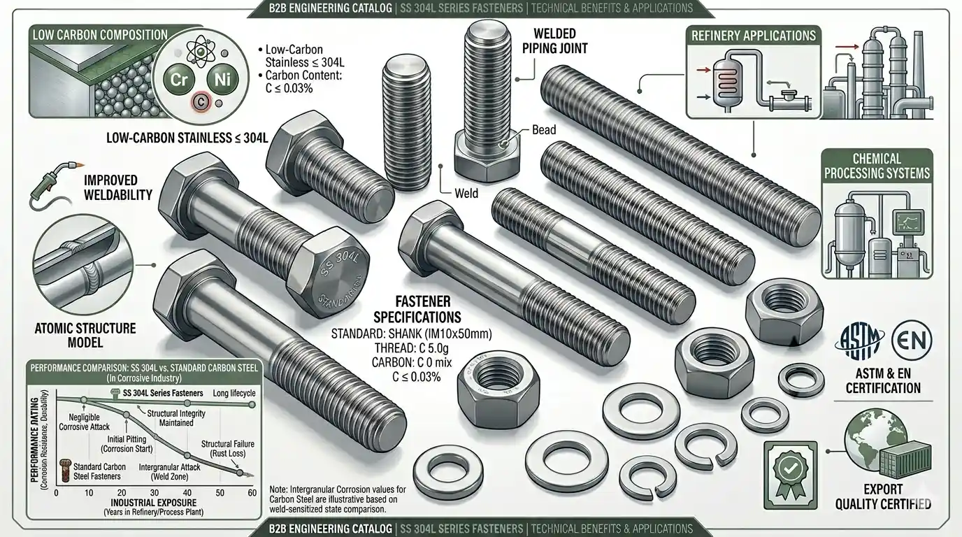 SS 304L Fasteners Suppliers & Exporters graph comparing weldability, corrosion resistance and industrial durability against carbon steel fasteners by Aurum Overseas