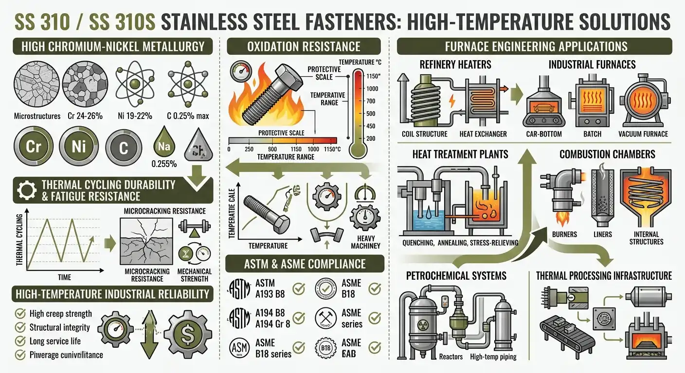 SS 310 / SS 310S Fasteners Suppliers & Exporters infographic showing oxidation resistance, furnace applications and thermal processing performance by Aurum Overseas