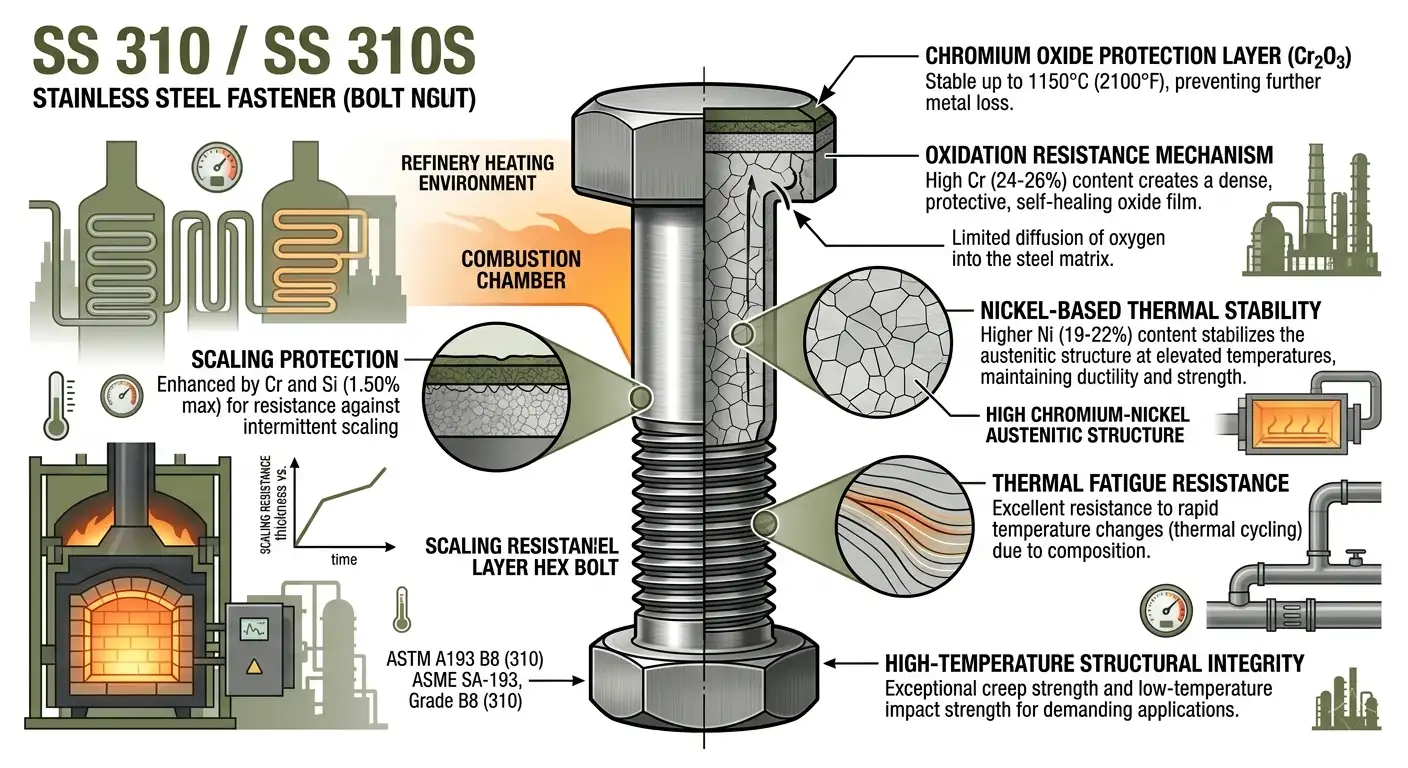 SS 310 / SS 310S Fasteners Suppliers & Exporters metallurgy diagram showing oxidation resistance, chromium nickel structure and furnace-grade thermal stability by Aurum Overseas