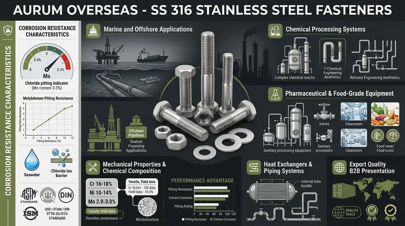 SS 316 fasteners corrosion resistance infographic by Aurum Overseas showing marine chemical pharmaceutical and industrial processing applications SS 316 fasteners corrosion resistance infographic by Aurum Overseas showing marine chemical pharmaceutical and industrial processing applications