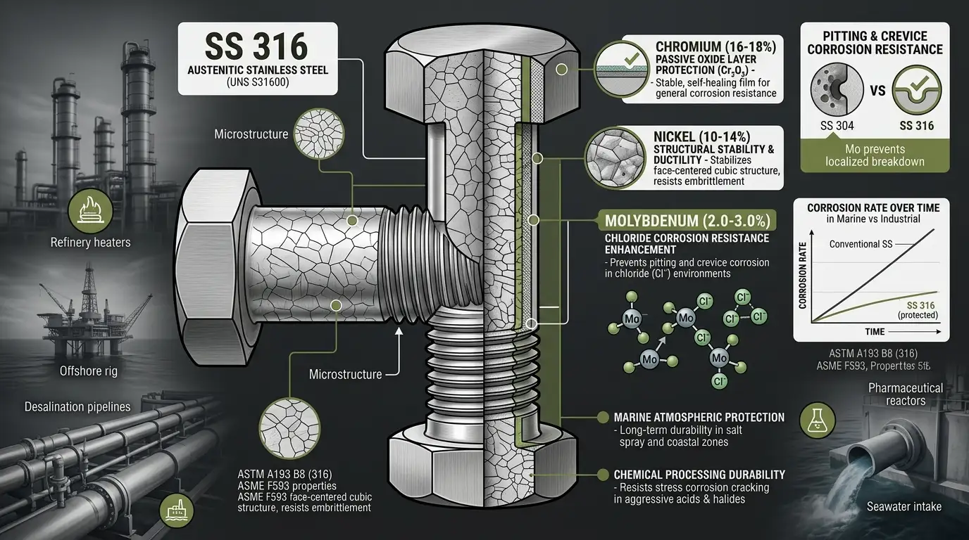 Technical metallurgy diagram of SS 316 stainless steel fasteners showing chromium nickel molybdenum corrosion resistance mechanism by Aurum Overseas
