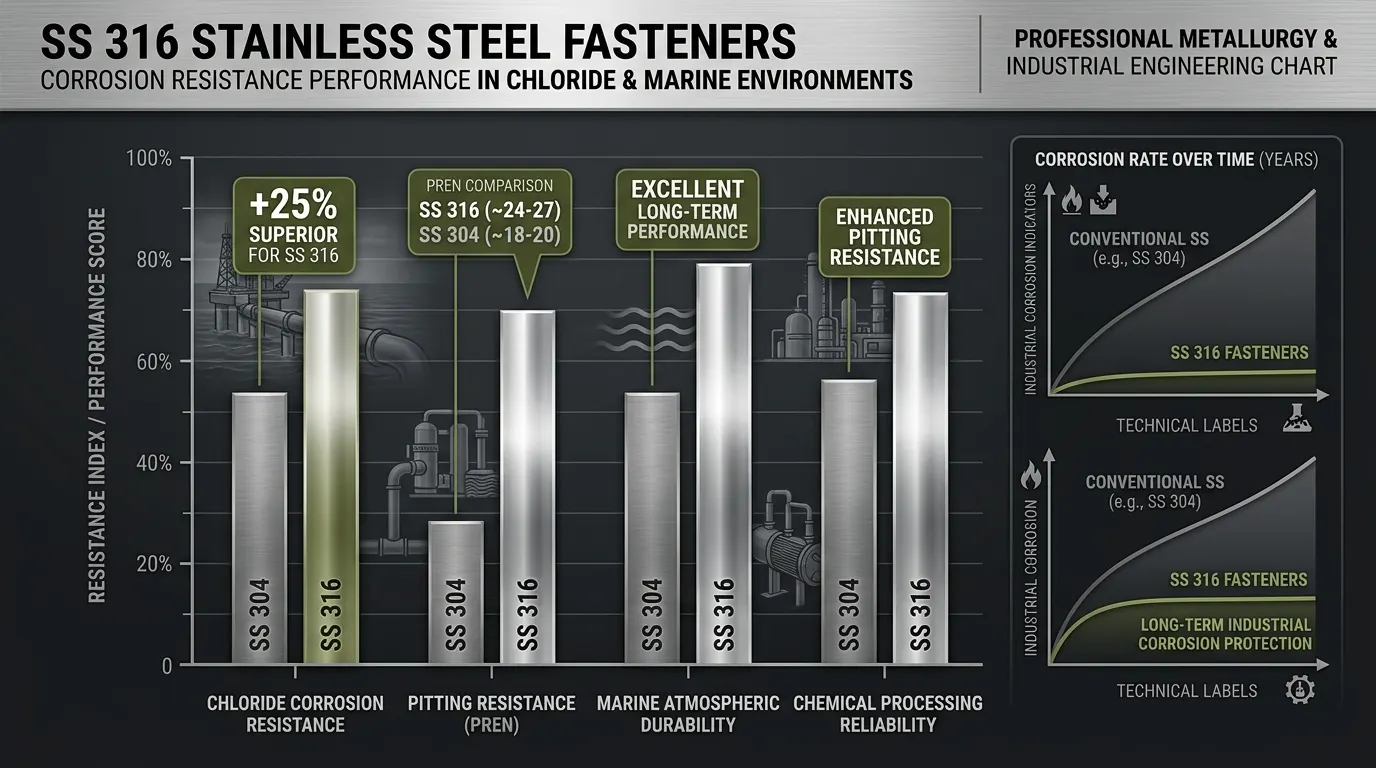 SS 316 vs SS 304 stainless steel fasteners corrosion resistance comparison graph for chloride marine and chemical environments by Aurum Overseas