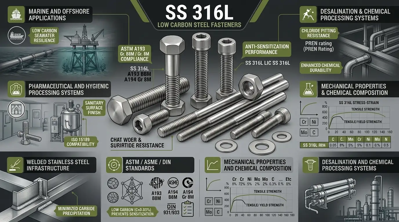 SS 316L stainless steel fasteners infographic by Aurum Overseas showing marine pharmaceutical welded corrosion resistant industrial applications