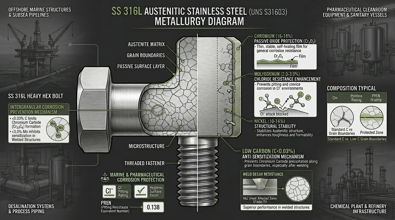 Technical metallurgy diagram of SS 316L stainless steel fasteners showing low carbon chromium nickel molybdenum corrosion resistance mechanism by Aurum Overseas