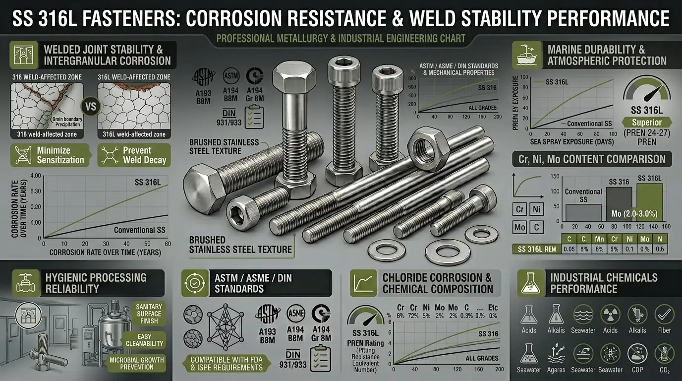 SS 316L vs SS 316 stainless steel fasteners weld corrosion resistance comparison graph by Aurum Overseas for marine and chemical processing applications
