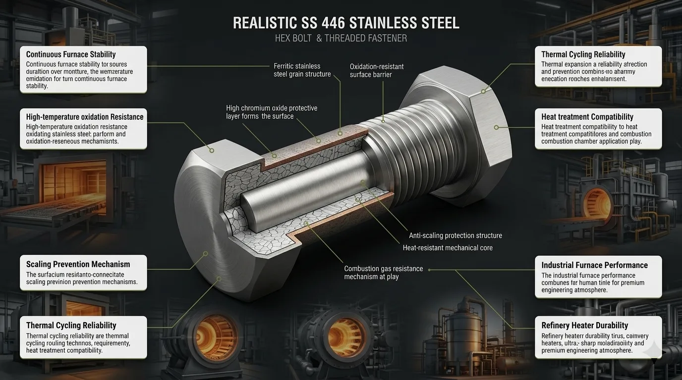 Technical metallurgy diagram of SS 446 stainless steel fasteners showing ferritic structure, chromium oxide protection and furnace heat resistance
