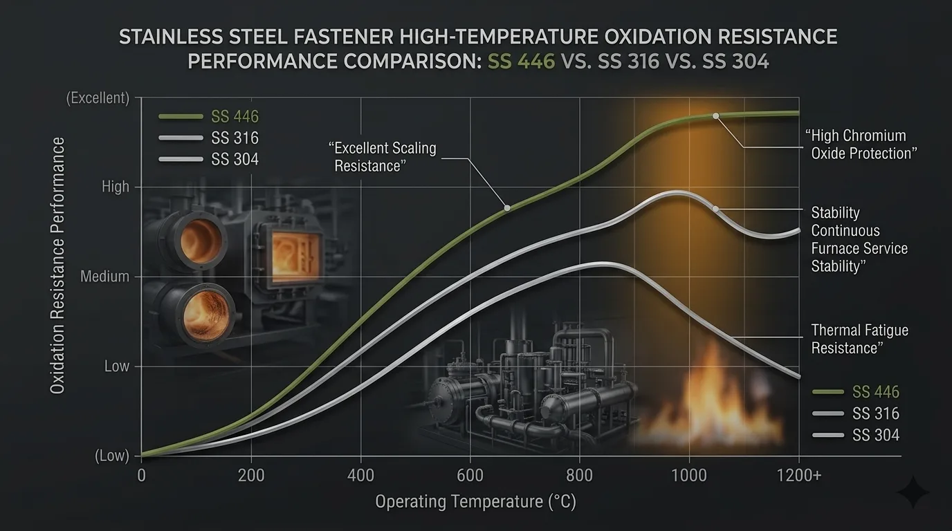 Performance graph comparing SS 446 fasteners oxidation resistance against SS 304 and SS 316 in high temperature furnace environments