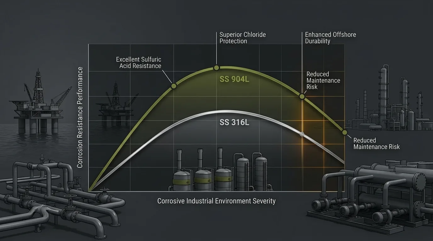 SS 904L stainless steel fasteners infographic showing sulfuric acid resistance, offshore corrosion protection and chemical processing applications by Aurum Overseas