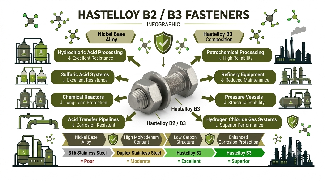 Technical corrosion resistance diagram of Hastelloy B2 and Hastelloy B3 fasteners showing resistance to hydrochloric acid sulfuric acid reducing chemicals and refinery processing environments supplied by Aurum Overseas
