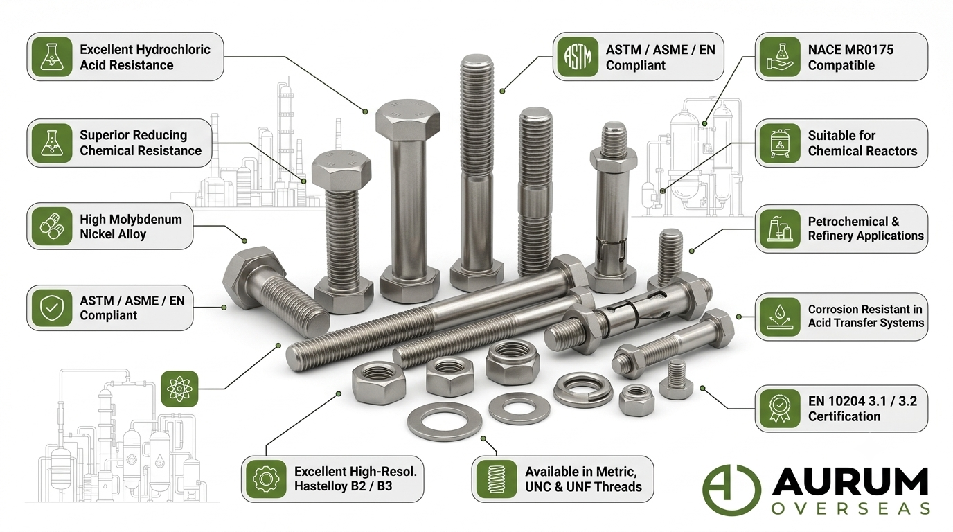 Hastelloy B2 B3 Fasteners showing bolts, nuts, stud bolts, threaded rods and corrosion resistant features for hydrochloric acid and chemical processing industries supplied by Aurum Overseas