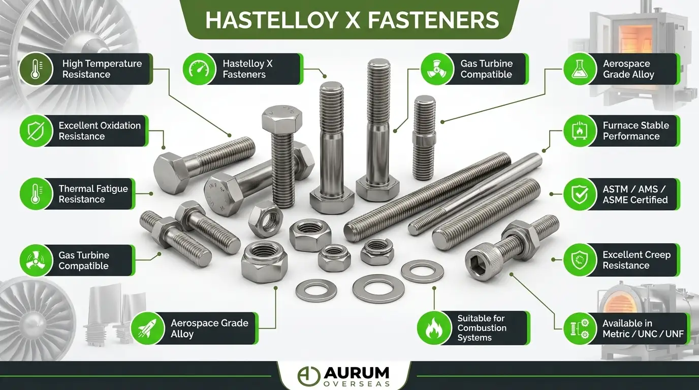 Hastelloy X fasteners including bolts nuts stud bolts threaded rods for aerospace gas turbines industrial furnaces and high temperature oxidation applications supplied by Aurum Overseas