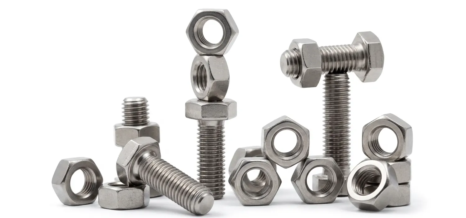 Aurum Overseas, a leading supplier and exporter, showcases high-quality Titanium Fasteners including bolts, nuts, and assemblies on a pure white background.