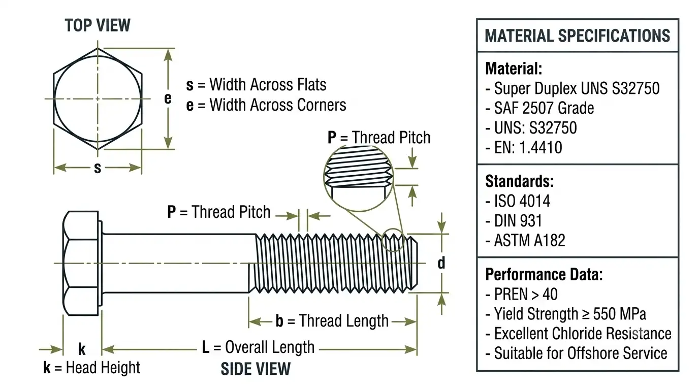 Technical engineering drawing of a Super Duplex S32760 hex bolt showing length, thread length, shank diameter, head height, width across flats and thread dimensions according to ISO 4014 standards.